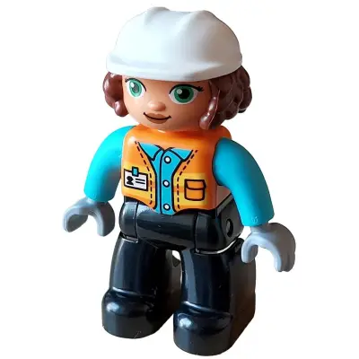  Duplo Figure Lego Ville, Female, Black Legs, Orange Vest with Name Tag and Pocket Pattern, Medium Azure Shirt, Light Bluish Gray Hands, White Construction Helmet (6427943)