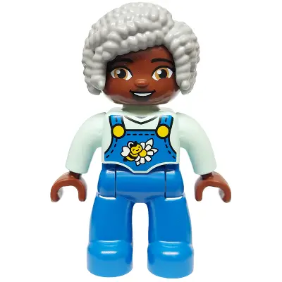  Duplo Figure Lego Ville, Female, Blue Legs with Overalls, Bee and Daisy, Light Bluish Gray Hair (6469007, 6569838)
