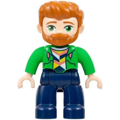  Duplo Figure Lego Ville, Male, Dark Blue Legs, Bright Green Hoodie over Coral, White and Yellow Shirt, Dark Orange Hair and Beard (6534760 / 6566997)
