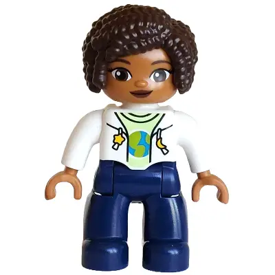  Duplo Figure Lego Ville, Female, Dark Blue Legs, White Jacket over Yellowish Green Shirt with Blue and Lime Planet, Yellow Star and Moon Pattern, Dark Brown Hair (6442943 / 6604625)