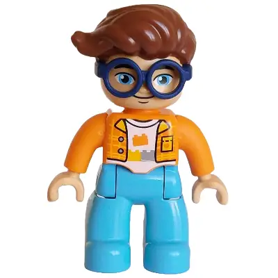  Duplo Figure Lego Ville, Male, Medium Azure Legs, Orange Plaid Jacket over White Shirt with Silver Buttons, Yellow Collar and Pocket, Bricks Pattern, Reddish Brown Hair, Attached Dark Blue Glasses (64