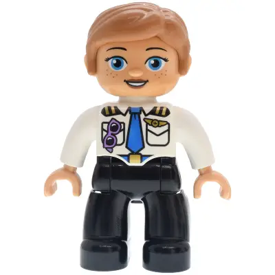  Duplo Figure Lego Ville, Female, Black Legs, White Pilot Uniform, Blue Tie, Medium Lavender Glasses, Gold Wings Badge Pattern, Medium Nougat Hair (6559786)