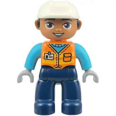  Duplo Figure Lego Ville, Male, Construction Worker, Dark Blue Legs, Orange Vest with Name Tag, Medium Azure Shirt, Light Bluish Gray Hands, White Helmet (6585846)