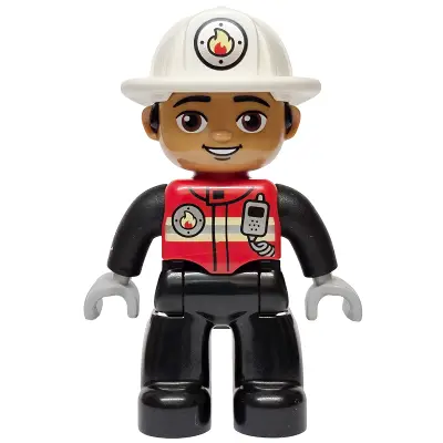  Duplo Figure Lego Ville, Male Firefighter, Black Legs, Red Vest with Silver Fire Badge and Radio, Medium Nougat Face, White Helmet with Fire Badge (6589646)