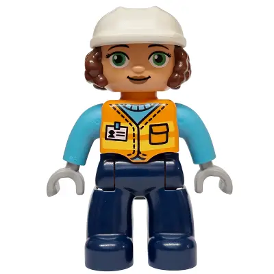 Duplo Figure Lego Ville, Female, Dark Blue Legs, Orange Vest with Name Tag Pattern, Medium Azure Shirt, Light Bluish Gray Hands, White Construction Helmet (6589830)