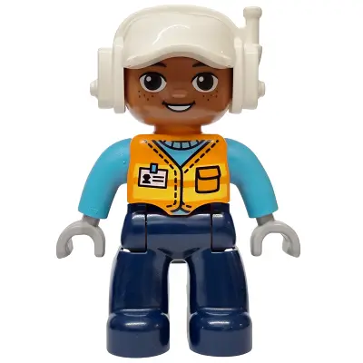 Duplo Figure Lego Ville, Male, Dark Blue Legs, Orange Vest with Name Tag Pattern, Medium Azure Arms, White Cap with Headset (6589826)