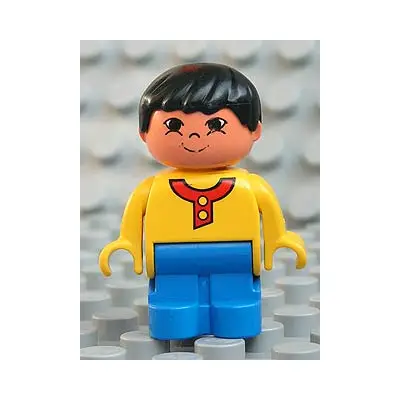  Duplo Figure, Child Type 1 Boy, Blue Legs, Yellow Top with Buttons and Red Collar, Black Hair, Grin