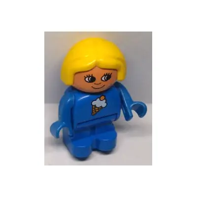  Duplo Figure, Child Type 1 Girl, Blue Legs, Blue Top with Ice Cream Cone Pattern, Yellow Hair