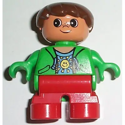  Duplo Figure, Child Type 2 Boy, Red Legs, Green Top with Sun Pattern Shirt, Brown Hair