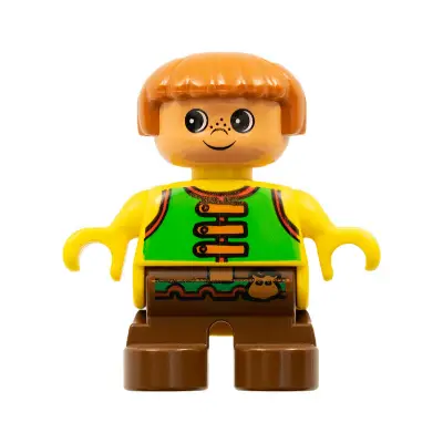  Duplo Figure, Child Type 2 Boy, Brown Legs, Bright Green Vest with Brown Straps and Belt with Sash (4171576)