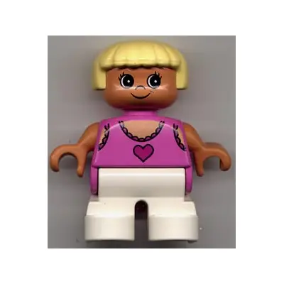  Duplo Figure, Child Type 2 Girl, White Legs, Dark Pink Lace Tank Top with Heart, Yellow Hair