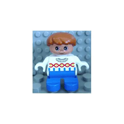  Duplo Figure, Child Type 2 Boy, Blue Legs, White Sweater with Chain Pattern, Dark Orange Hair (75696)