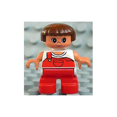  Duplo Figure, Child Type 2 Girl, Red Legs, White Top with Red Overalls with one Strap