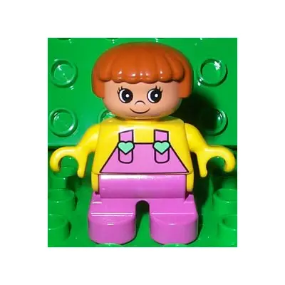  Duplo Figure, Child Type 2 Girl, Dark Pink Legs, Yellow Top with Dark Pink Overalls and Hearts on Straps