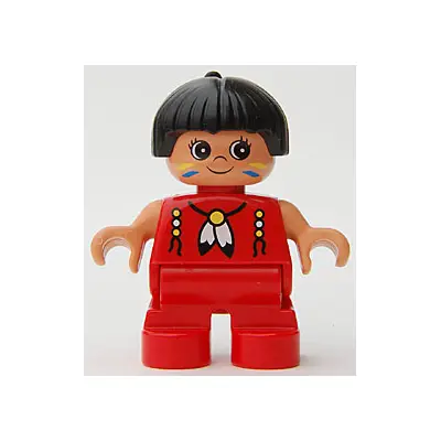  Duplo Figure, Child Type 2 Girl, Red Legs, Red Top with Feather Necklace, Black Hair with Feather (Native American)