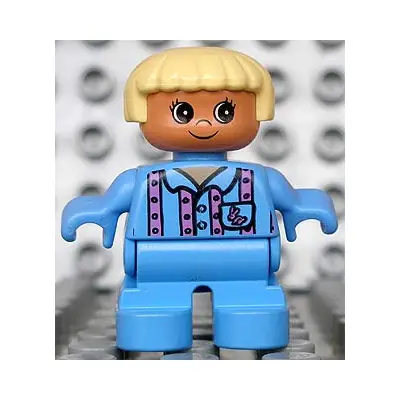  Duplo Figure, Child Type 2 Girl, Medium Blue Legs, Medium Blue Top with Pink Stripes and Bunny Logo, Light Yellow Hair