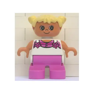  Duplo Figure, Child Type 2 Girl, Dark Pink Legs, White Top with Pink Stripes and Flowers, Light Yellow Hair