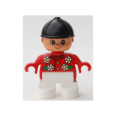  Duplo Figure, Child Type 2 Girl, White Legs, Red Top with White Flowers, Black Riding Hat