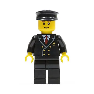  Airport - Pilot with Red Tie and 6 Buttons, Black Legs, Black Hat, Brown Eyebrows, Thin Grin