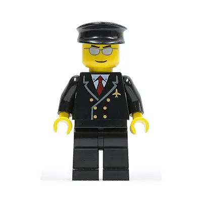  Airport - Pilot with Red Tie and 6 Buttons, Black Legs, Black Hat, Silver Glasses
