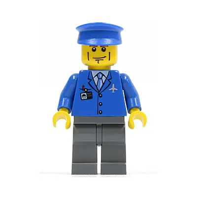  Airport - Blue 3 Button Jacket & Tie, Blue Hat, Dark Bluish Gray Legs, Vertical Cheek Lines