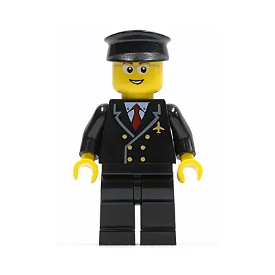  Airport - Pilot with Red Tie and 6 Buttons, Black Legs, Black Hat, Glasses, Open Mouth Smile