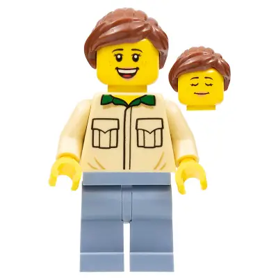  Female, Tan Shirt, Sand Blue Legs, Reddish Brown Ponytail Hair