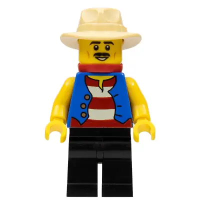  Gondolier, Red and White Striped Shirt and Blue Vest, Black Legs, Tan Fedora Hat, Red Bandana