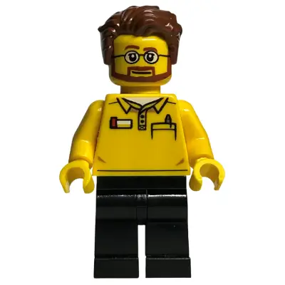  LEGO Store Employee, Black Legs, Beard and Glasses, Reddish Brown Tousled Hair