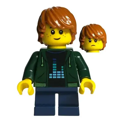  Child - Boy, Dark Green Hoodie, Dark Blue Short Legs, Dark Orange Tousled Hair, Freckles