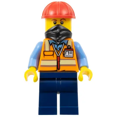  Construction Worker - Male, Orange Safety Vest with Reflective Stripes, Dark Blue Legs, Red Construction Helmet, Black Bandana