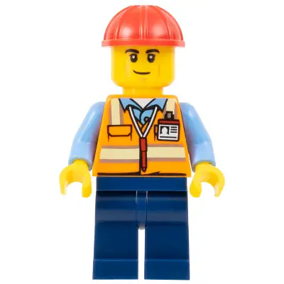  Construction Worker - Male, Orange Safety Vest with Reflective Stripes, Dark Blue Legs, Red Construction Helmet, Smirk