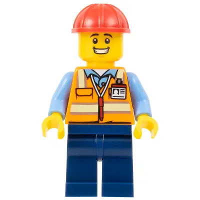  Construction Worker - Male, Orange Safety Vest with Reflective Stripes, Dark Blue Legs, Red Construction Helmet, Large Grin