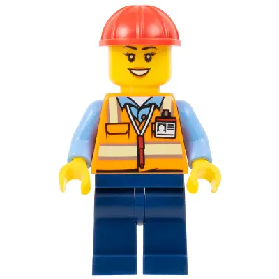  Construction Worker - Female, Orange Safety Vest with Reflective Stripes, Dark Blue Legs, Red Construction Helmet (Crane Operator)