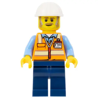  Construction Foreman - Male, Orange Safety Vest with Reflective Stripes, Dark Blue Legs, White Construction Helmet