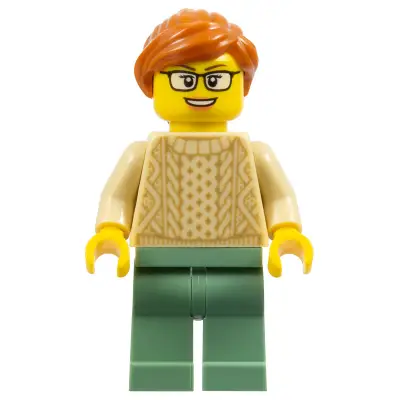  Mother - Tan Knit Cable Sweater, Sand Green Legs, Dark Orange Ponytail