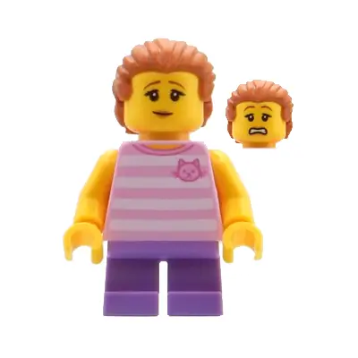  Child - Girl, Bright Pink Striped Shirt with Cat Head, Medium Lavender Short Legs, Dark Orange Swept Back Hair with Ponytail