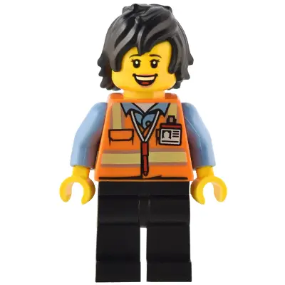  Train Driver - Female, Orange Safety Vest with Reflective Stripes, Black Legs, Black Hair