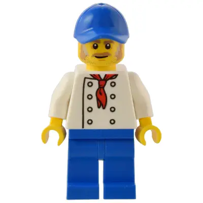  Hot Dog Stand Manager - White Torso with 8 Buttons, No Wrinkles Front or Back, Blue Legs, Blue Cap