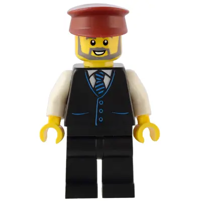  Station Master - Black Vest with Blue Striped Tie, Black Legs, Dark Red Hat, Beard