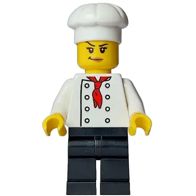  Bistro Chef - Female, White Torso with 8 Buttons, Black Legs, White Chef Toque