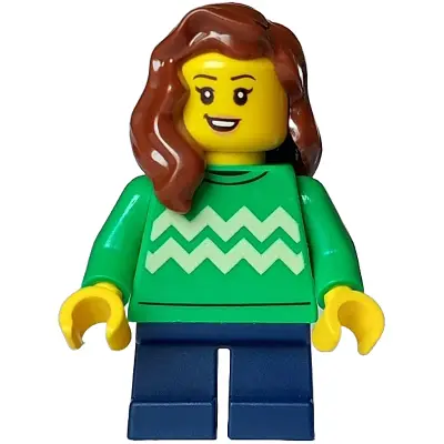  Child - Girl, Bright Green Sweater with Bright Light Yellow Zigzag Lines, Dark Blue Short Legs, Reddish Brown Hair over Shoulder