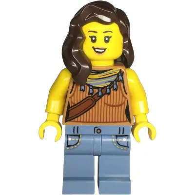  Snack Shack Patron - Female, Medium Nougat Tank Top, Sand Blue Legs with Pockets, Dark Brown Hair