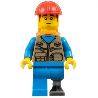  Train Worker - Male, Dark Tan Vest, Dark Azure Legs, Prosthetic Left Leg, Orange Air Tanks, Construction Helmet