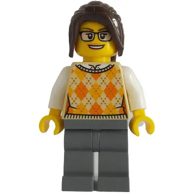  Ticket Vendor - Female, Tan Knit Argyle Sweater Vest, Dark Bluish Gray Legs, Dark Brown Hair Ponytail Long with Side Bangs, Glasses