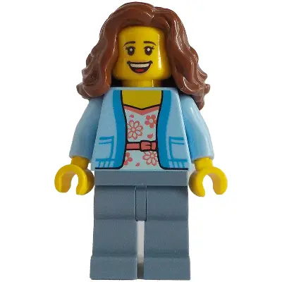  Passenger - Female, Bright Light Blue Jacket over White Shirt with Coral Flowers, Sand Blue Legs, Reddish Brown Wavy Hair