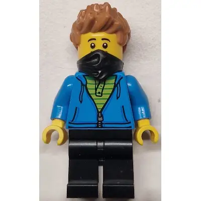  Train Worker - Male, Dark Azure Hoodie with Green Striped Shirt, Black Legs and Bandana, Medium Nougat Spiked Hair