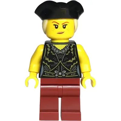  Pirate - Female, Black Dress Top, Dark Red Legs, Black Tricorne Hat with Tan Ponytail