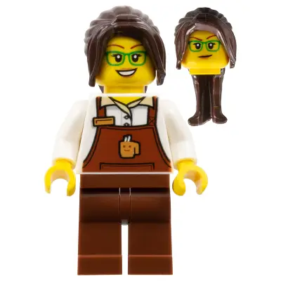  The Art of Chocolate Barista - Female, Reddish Brown Apron with Cup and Name Tag, Reddish Brown Legs, Dark Brown Hair Ponytail Long