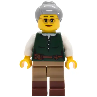  Riverside Scholars - Female, Dark Green Laced Shirt, Dark Tan Legs with Molded Reddish Brown Boots, Light Bluish Gray Hair with Top Knot Bun